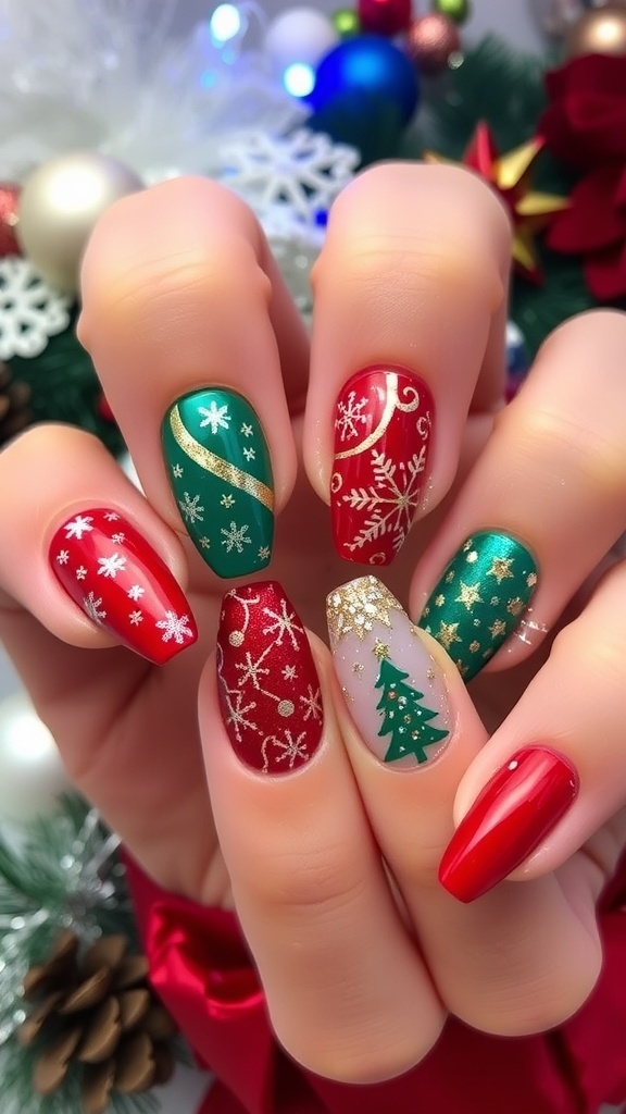 Elegant Christmas Nail Designs Elegant Christmas nail designs in red, green, and gold with snowflakes and glitter.